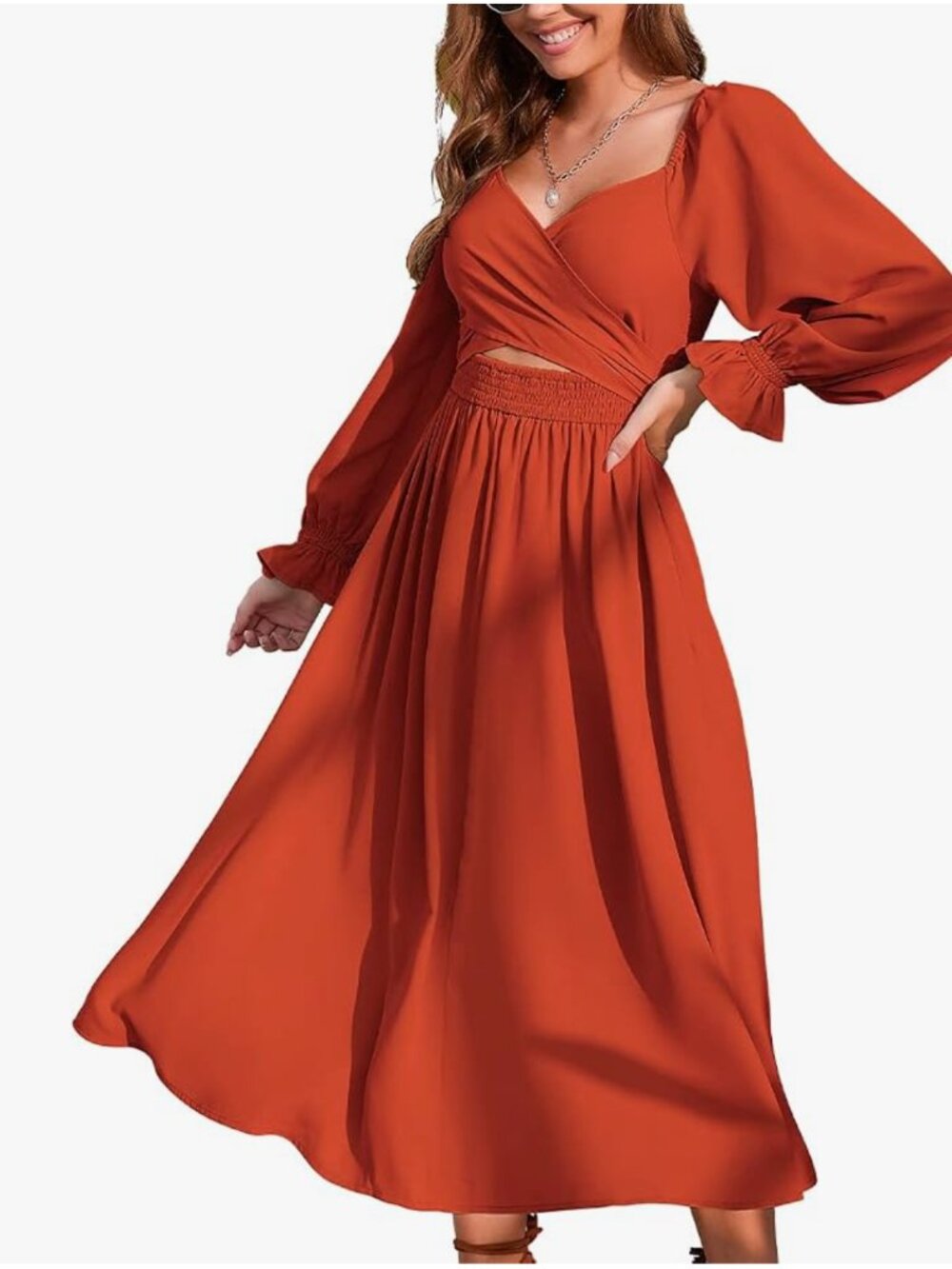 Women Tie Back Dual Sided Convertible Dress Sage Ruffle Long Puff Sleeve Twist